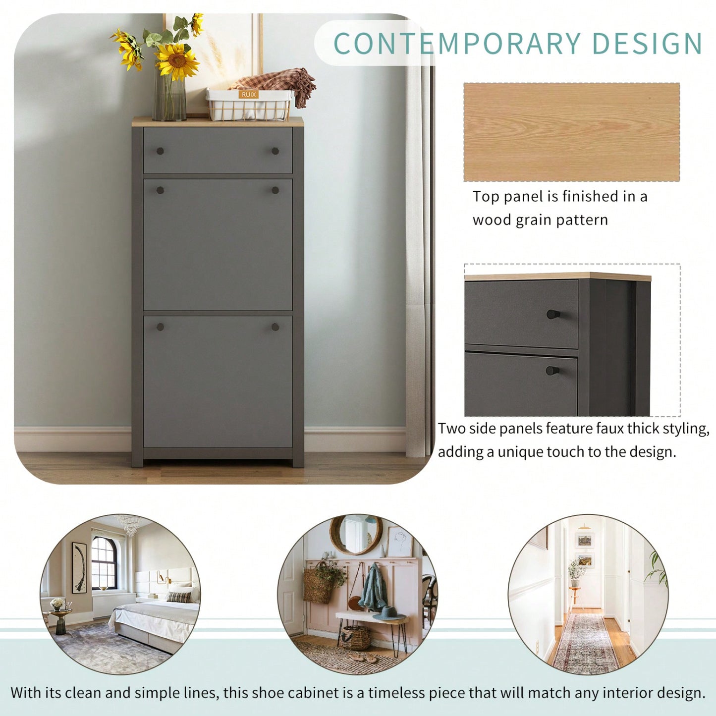 Contemporary Grey Wood Grain Shoe Cabinet with Adjustable Panels and Extra Drawer for Hallway Storage