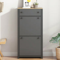 Contemporary Grey Wood Grain Shoe Cabinet with Adjustable Panels and Extra Drawer for Hallway Storage