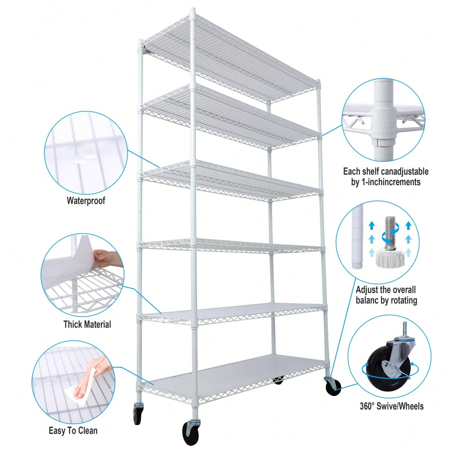 Heavy Duty 6-Tier Metal Wire Shelving Unit on Wheels Adjustable Storage Rack 6000lbs Capacity 82H x 48L x 18D Black