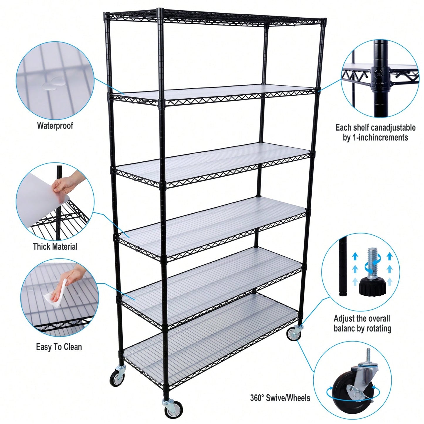 Heavy Duty 6-Tier Metal Wire Shelving Unit on Wheels Adjustable Storage Rack 6000lbs Capacity 82H x 48L x 18D Black