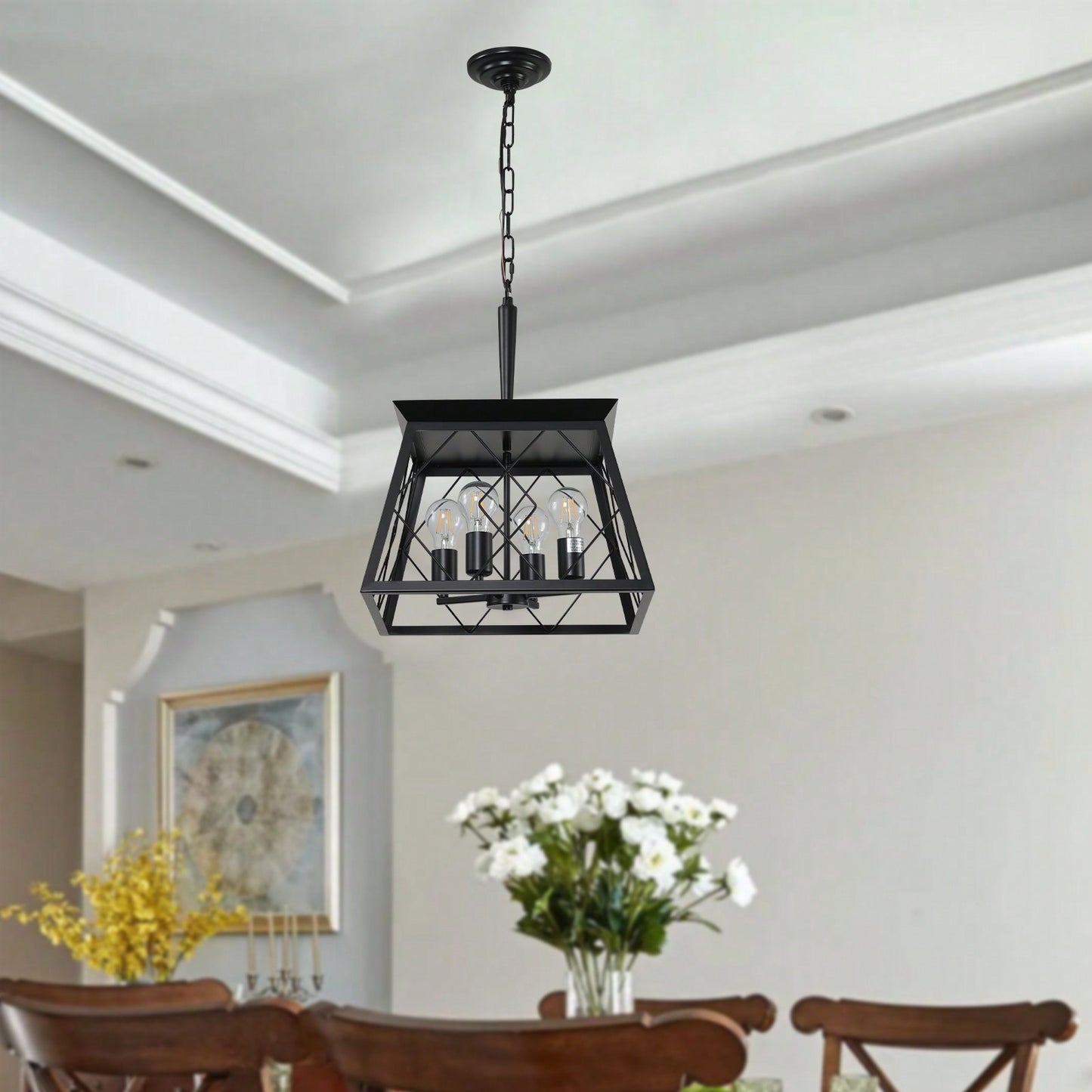 Rustic 4-Light Farmhouse Chandelier Adjustable Chain Ceiling Fixture for Dining Room Kitchen Living Room Bedroom