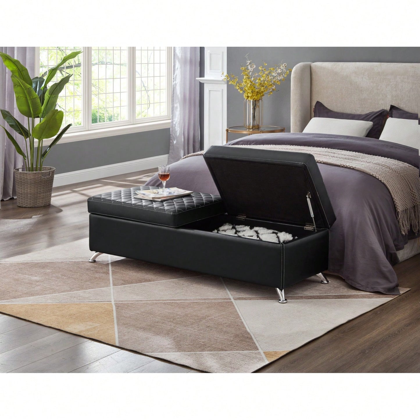 Bed Bench With Storage Leather - Multi-Purpose Ottoman For Small Spaces - Stable Solid Wood Frame - Easy Assembly - Holds 300 Pounds