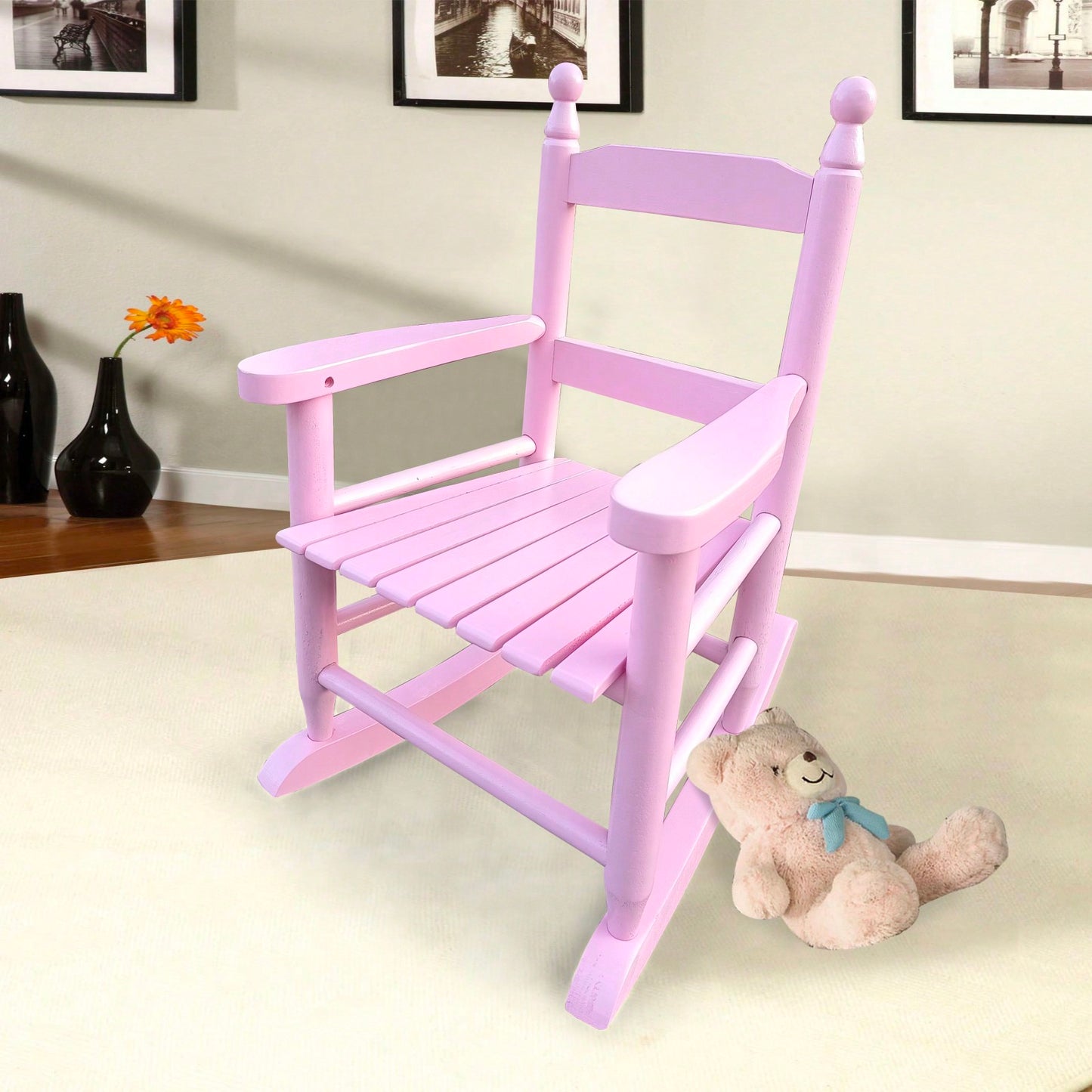 Light Pink Rocking Chair for Kids - Durable Hardwood Design for Indoor and Outdoor Use - Comfortable Slatted Backrest