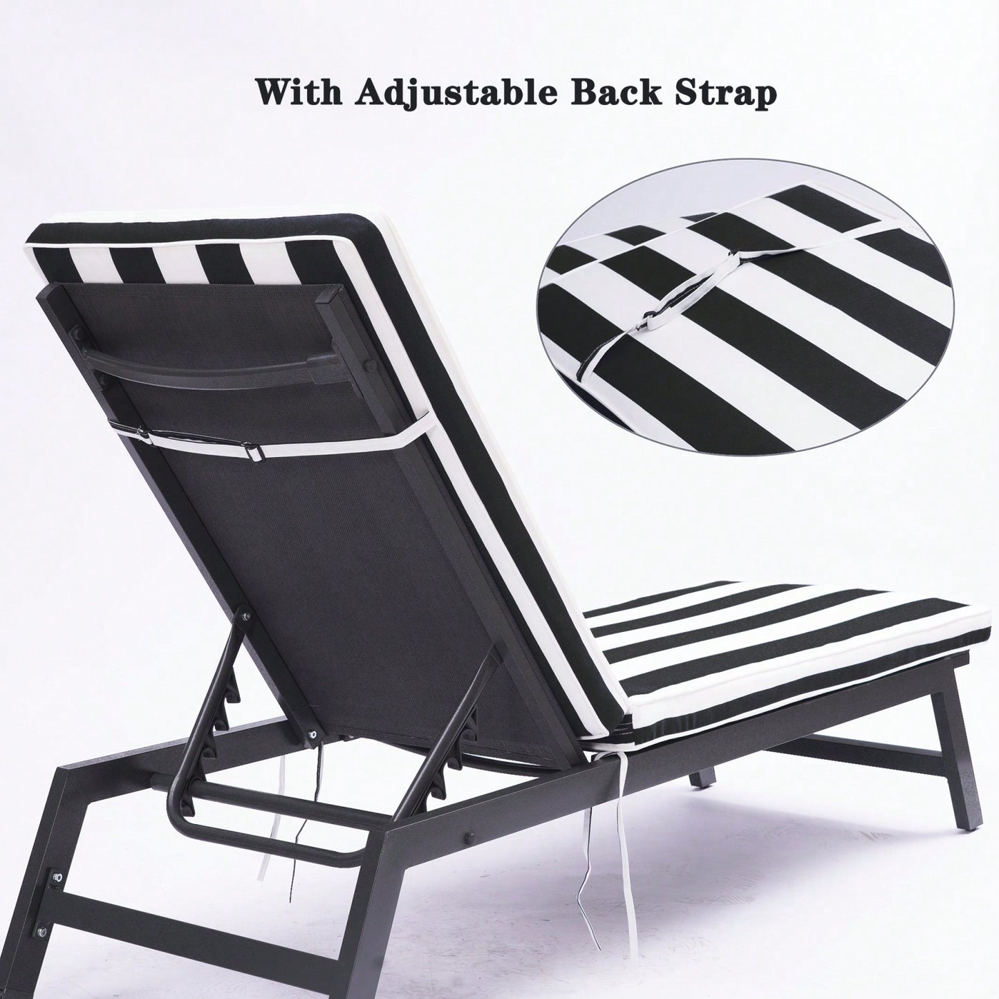 Black White Stripe Outdoor Lounge Chair Cushion Replacement UV Resistant Breathable 75 Inch with Adjustable Straps