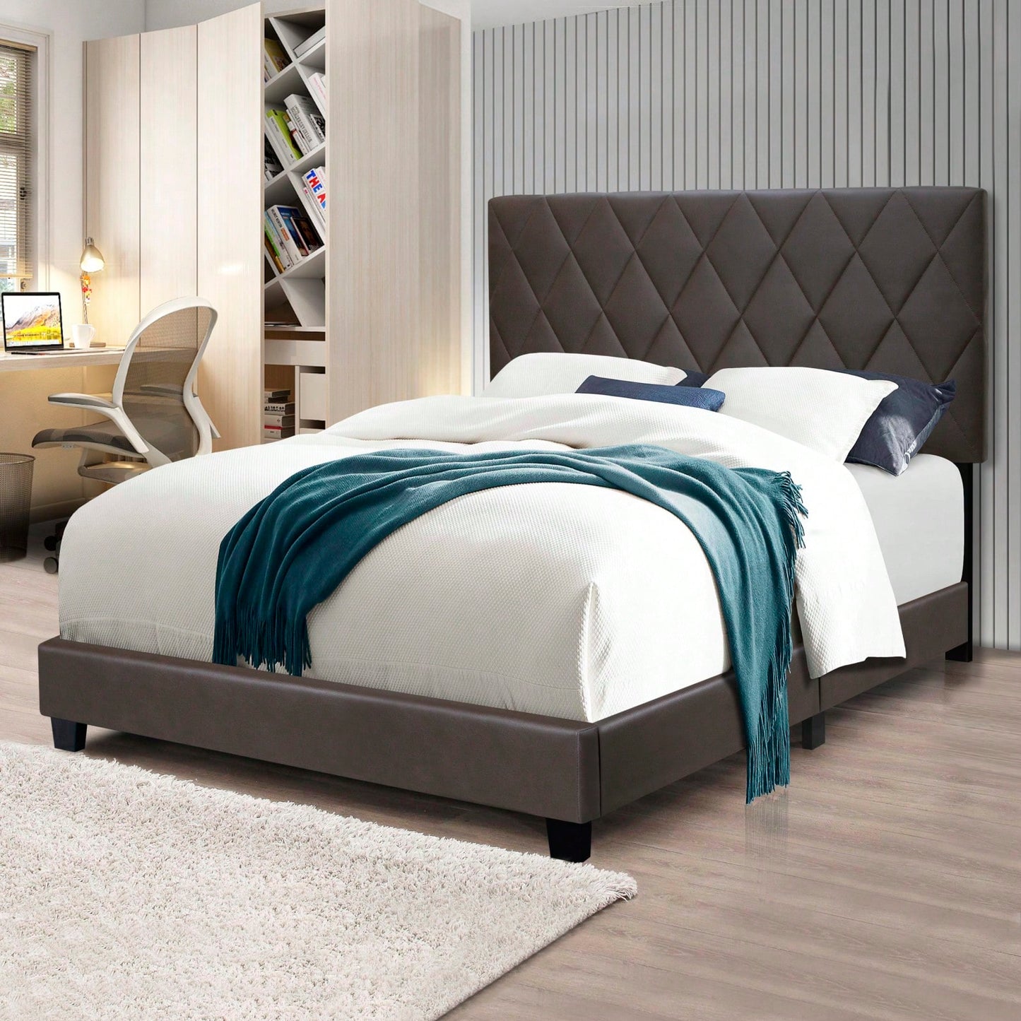 Queen Size Adjustable Chenille Upholstered Bed Frame Easy Assembly No Box Spring Needed Versatile Design for Any Room