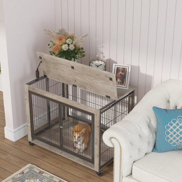 Modern Grey Dog Crate Side Table with Double Doors and Lift Top for Medium Dogs up to 70 lbs Stylish Indoor Kennel on Wheels