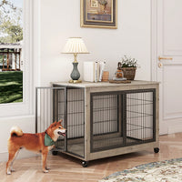 Modern Grey Dog Crate Side Table with Double Doors and Lift Top for Medium Dogs up to 70 lbs Stylish Indoor Kennel on Wheels