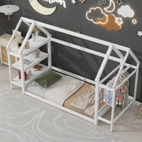 Twin House Bed with Storage Shelf and Hanger for Kids Stylish Floor Bed Easy Assembly