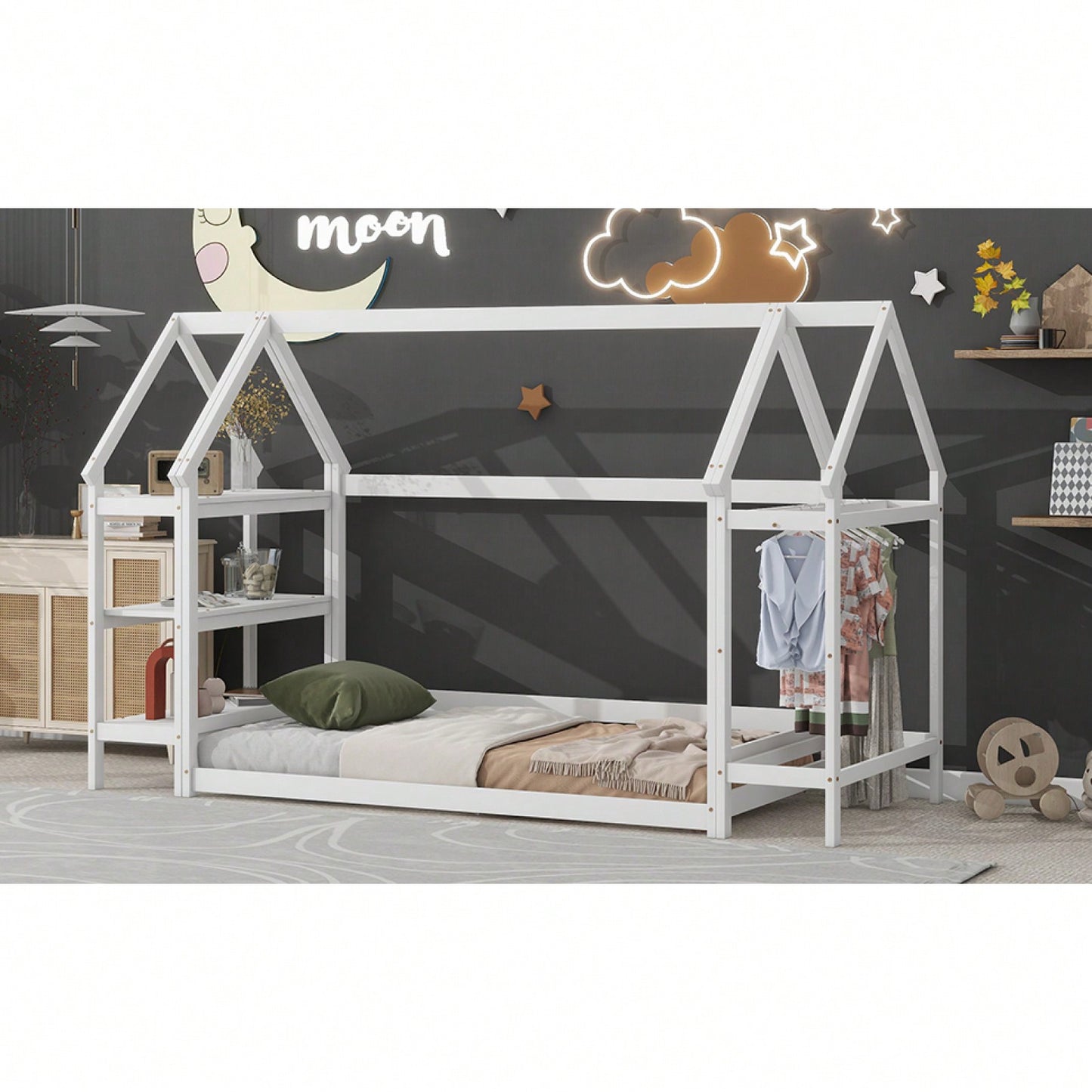 Twin House Bed with Storage Shelf and Hanger for Kids Stylish Floor Bed Easy Assembly