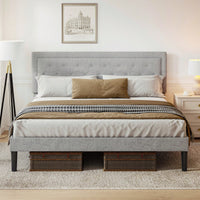 Light Grey Queen Bed Frame with Adjustable Headboard Wooden Slats Center Support 705 Lbs Capacity Noiseless Design Easy 30 Min Assembly