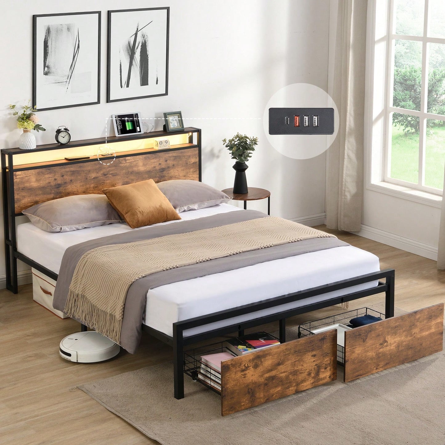 Full Size Metal Bed Frame with Storage Headboard LED Lights Charging Station and Drawers