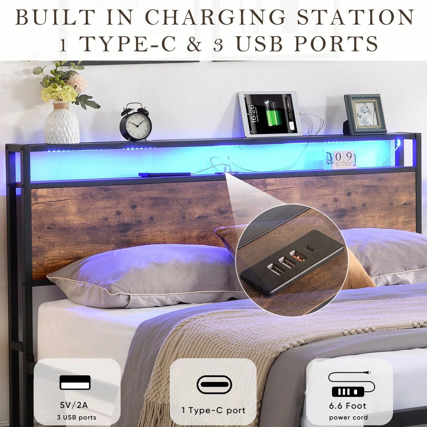 Full Size Metal Bed Frame with Storage Headboard LED Lights Charging Station and Drawers