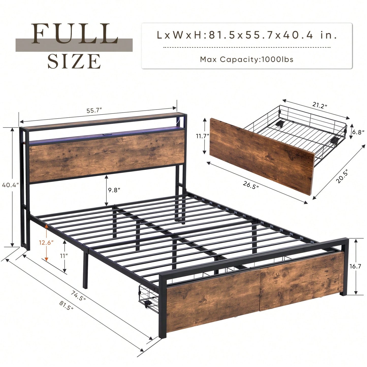 Full Size Metal Bed Frame with Storage Headboard LED Lights Charging Station and Drawers