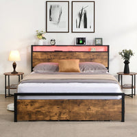 Full Size Metal Bed Frame with Storage Headboard LED Lights Charging Station and Drawers