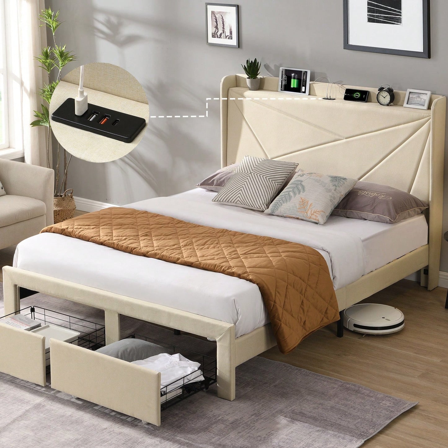 Upholstered Queen Bed Frame with Storage Drawers and USB Charging Stations - Sturdy Wingback Design in Beige