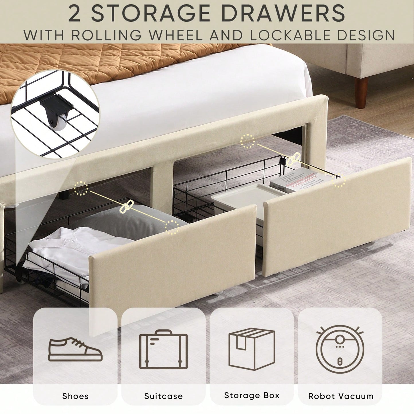 Upholstered Queen Bed Frame with Storage Drawers and USB Charging Stations - Sturdy Wingback Design in Beige