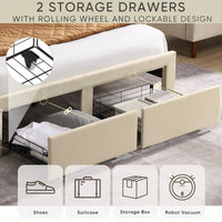 Upholstered Queen Bed Frame with Storage Drawers and USB Charging Stations - Sturdy Wingback Design in Beige