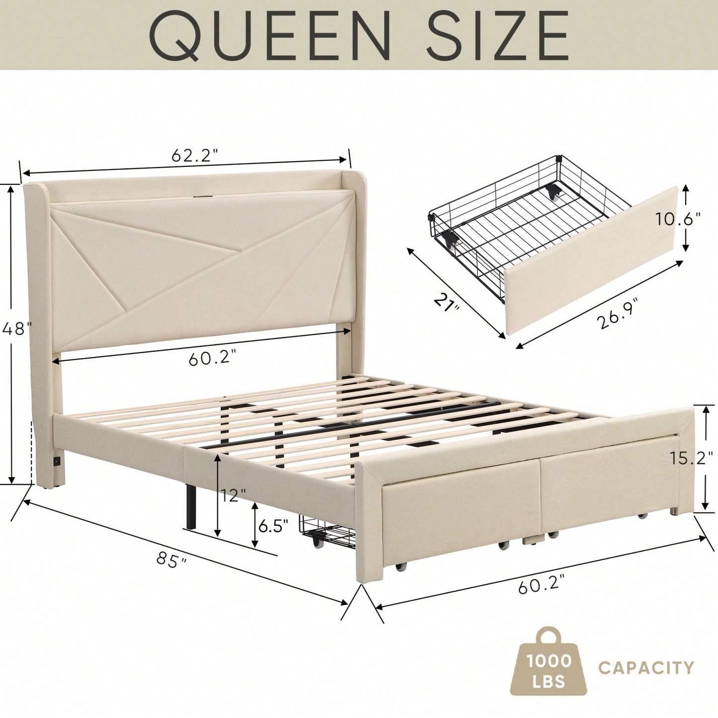 Upholstered Queen Bed Frame with Storage Drawers and USB Charging Stations - Sturdy Wingback Design in Beige