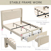 Upholstered Queen Bed Frame with Storage Drawers and USB Charging Stations - Sturdy Wingback Design in Beige