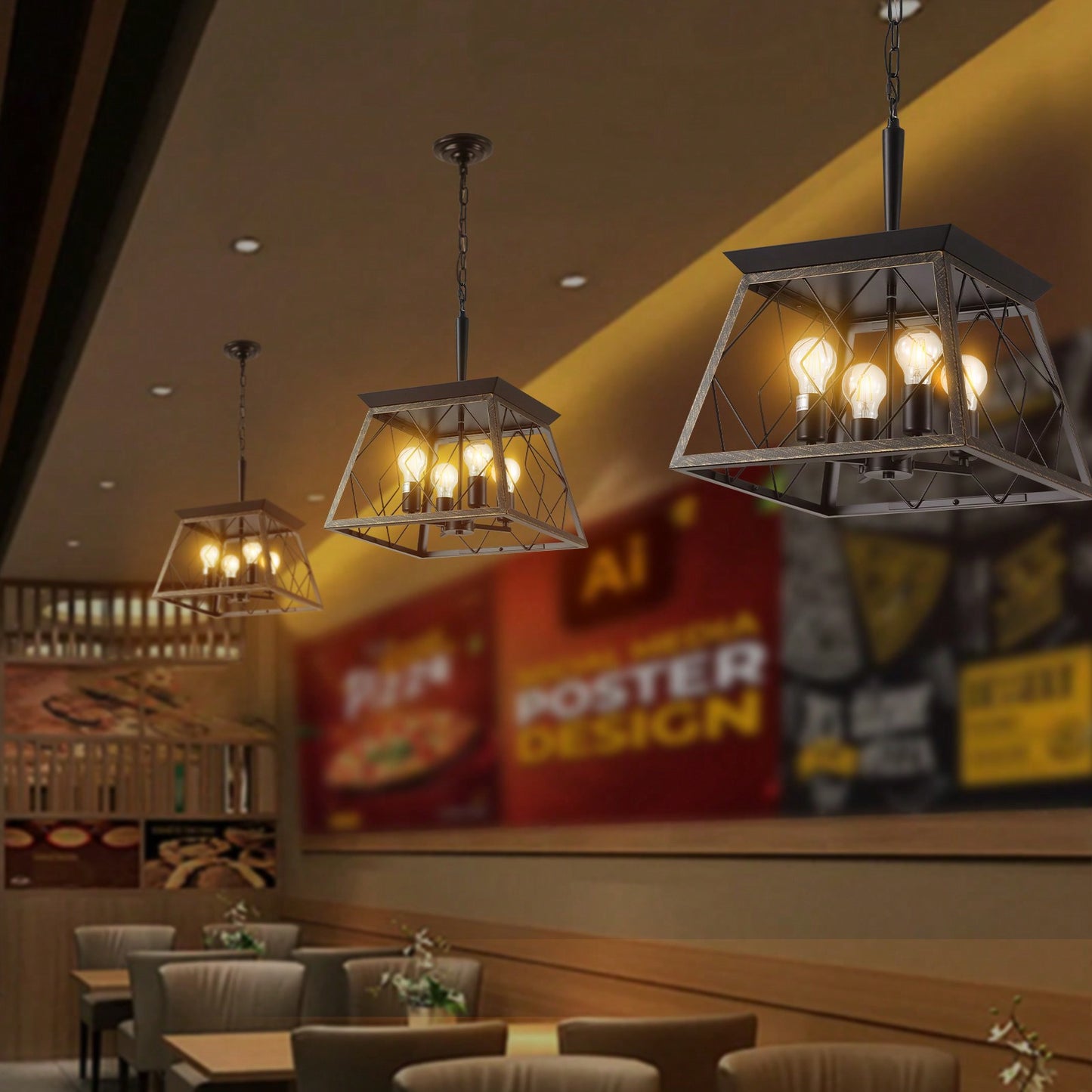 Farmhouse Chandelier 4-Light Vintage Antique Fixture For Kitchen, Dining Room, And Living Room In Golden Black