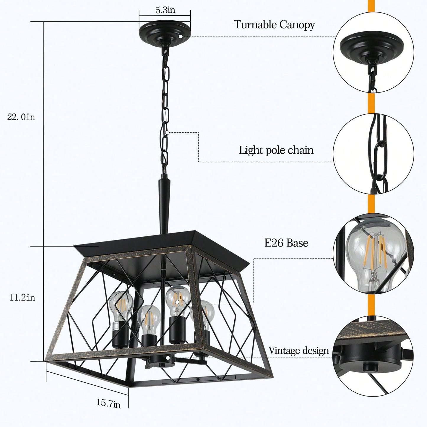 Farmhouse Chandelier 4-Light Vintage Antique Fixture For Kitchen, Dining Room, And Living Room In Golden Black