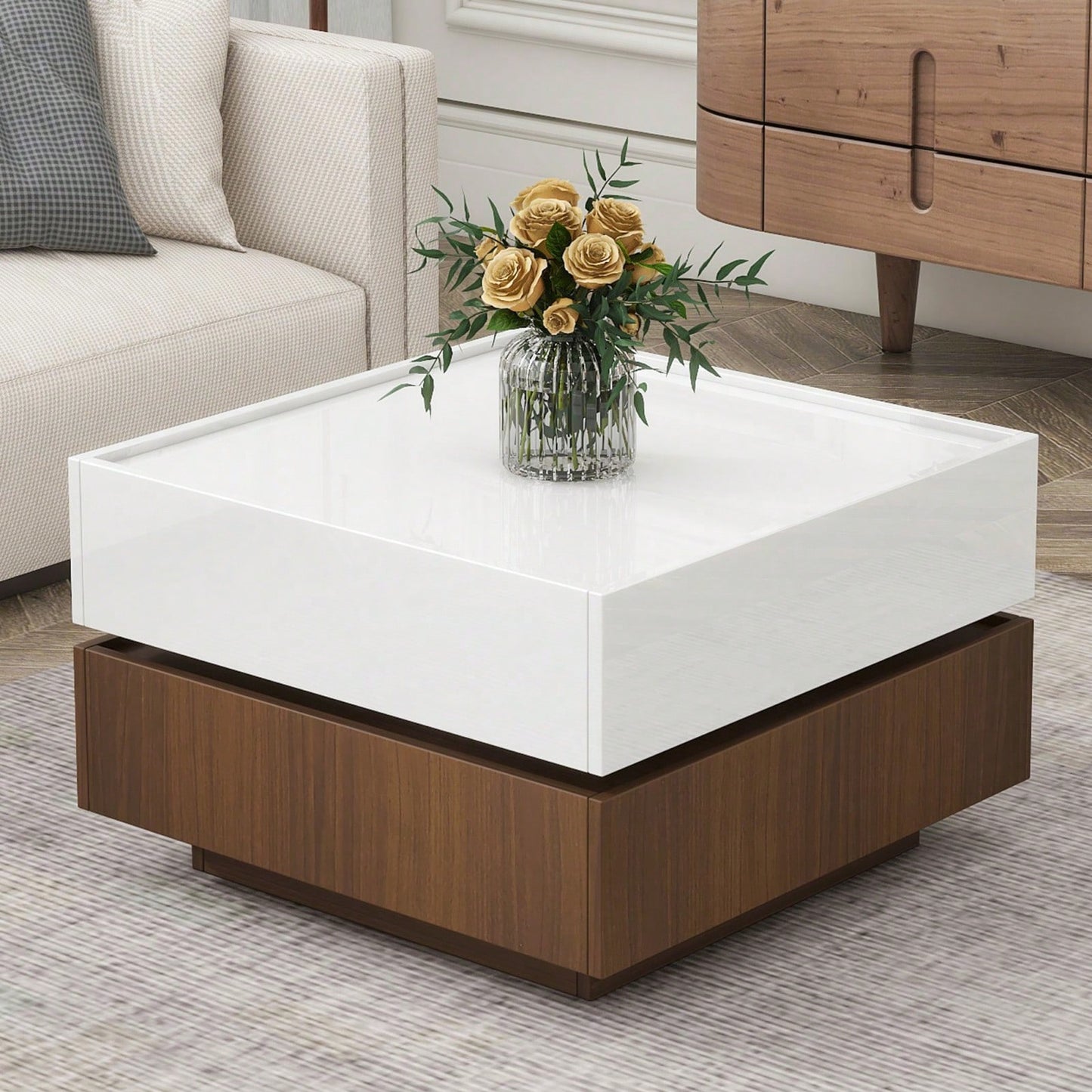 Modern Swivel Coffee Table In Walnut And Black With Storage Drawers