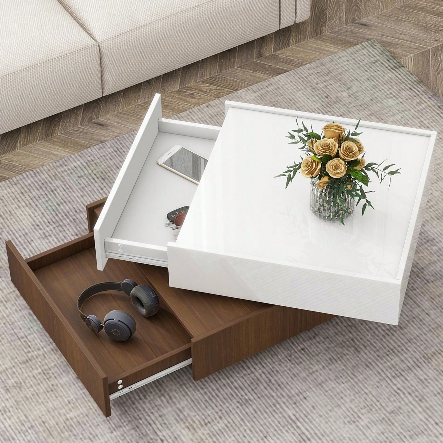 Modern Swivel Coffee Table In Walnut And Black With Storage Drawers