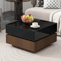 Modern Swivel Coffee Table In Walnut And Black With Storage Drawers