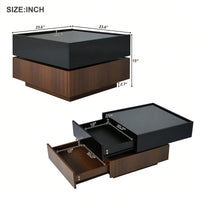 Modern Swivel Coffee Table In Walnut And Black With Storage Drawers