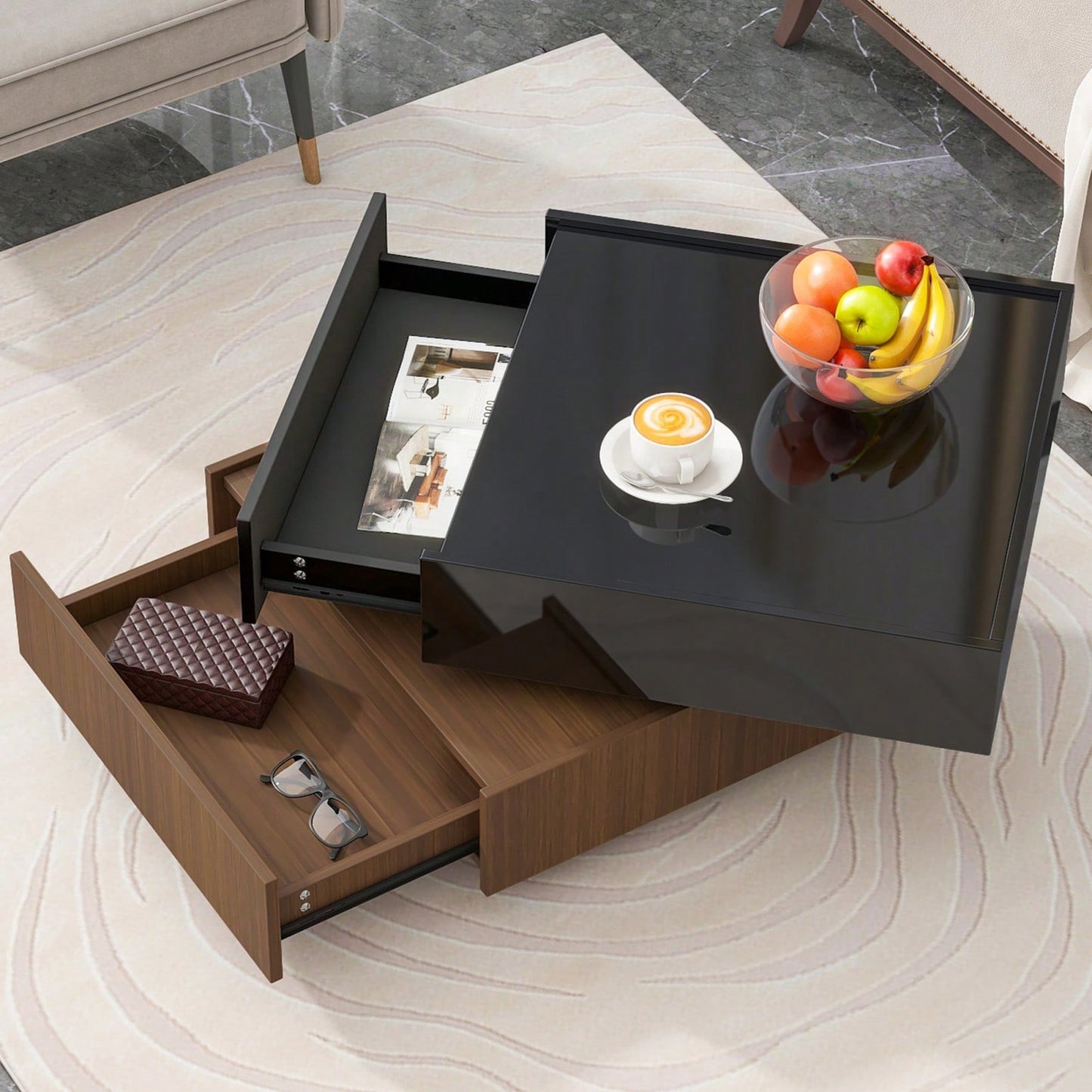 Modern Swivel Coffee Table In Walnut And Black With Storage Drawers