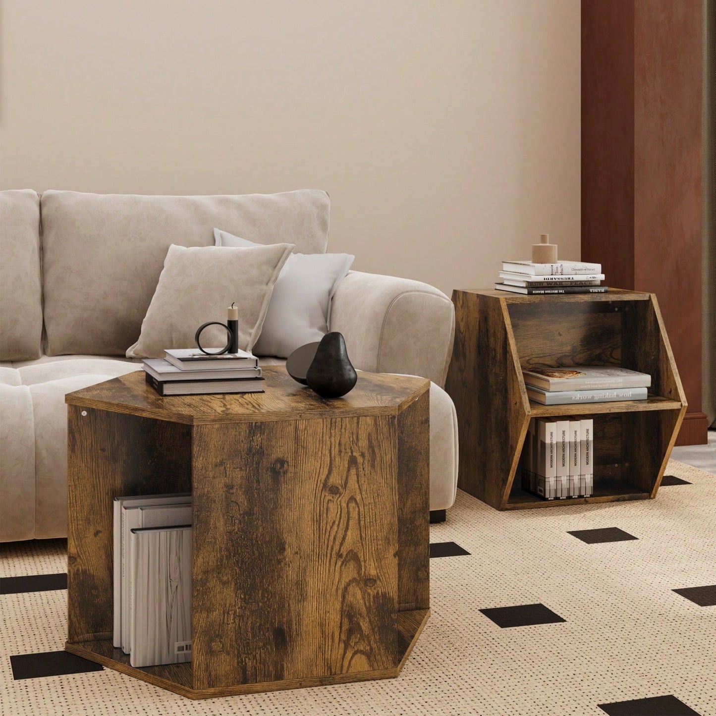 Hexagonal Coffee and Nightstand Table Set 2PCS Stylish MDF Furniture with Storage for Living Room and Bedroom