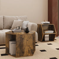 Hexagonal Coffee and Nightstand Table Set 2PCS Stylish MDF Furniture with Storage for Living Room and Bedroom