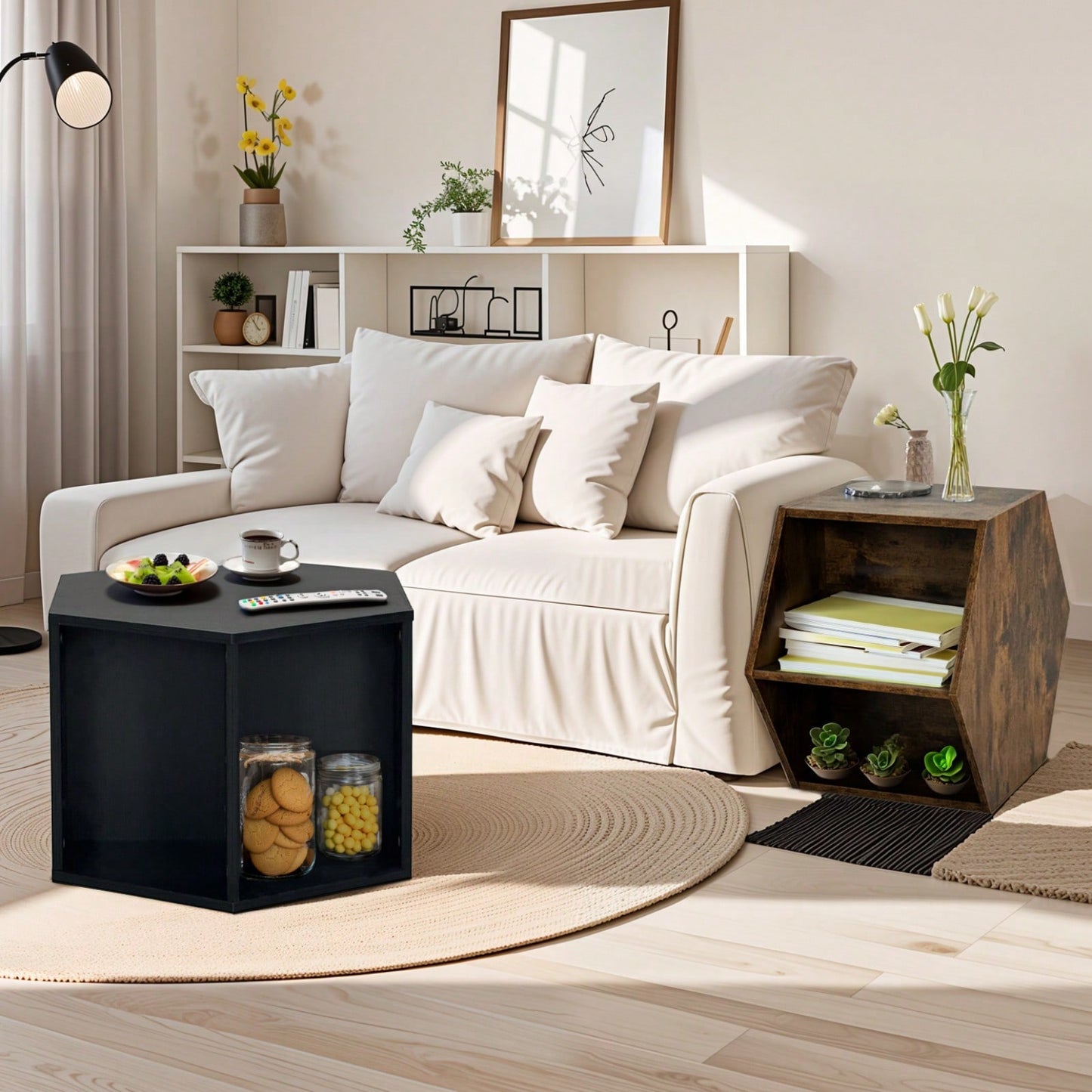 Versatile Hexagonal Coffee Table with Storage Shelf Stylish MDF Nightstand for Living Room and Bedroom