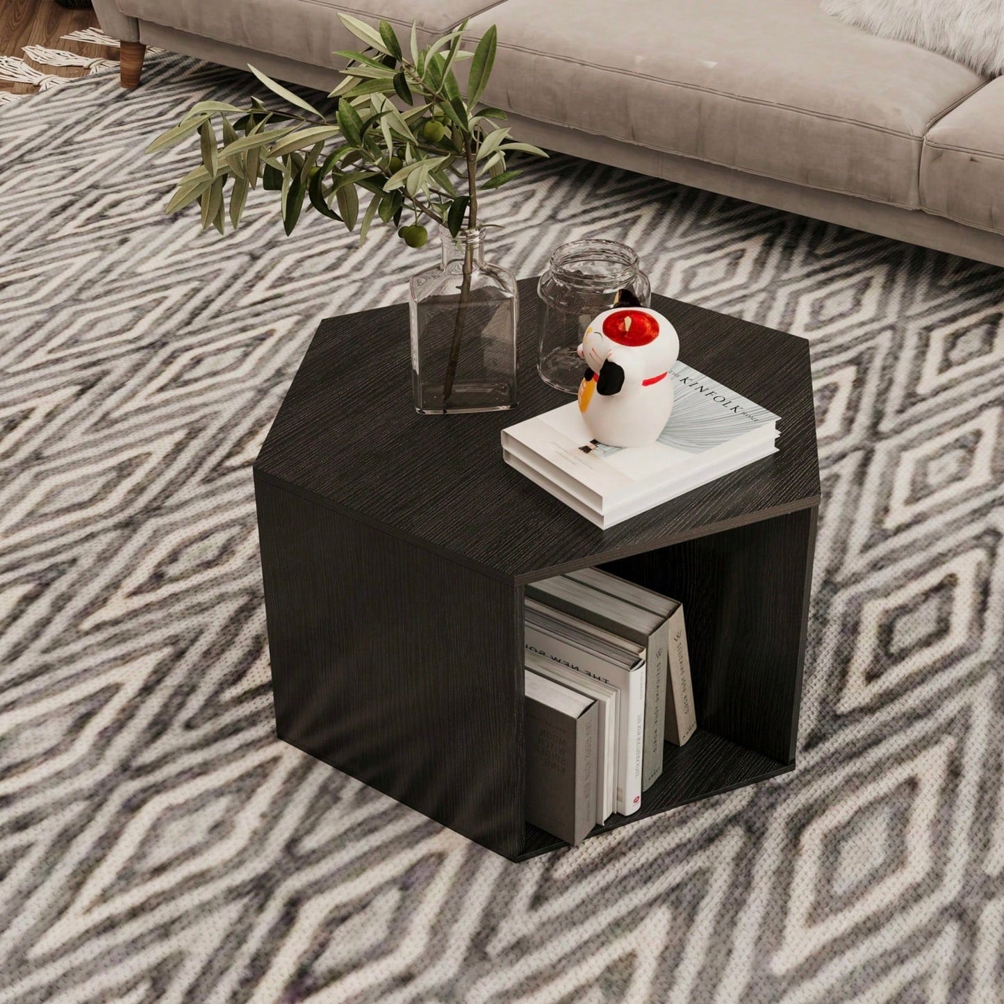 Versatile Hexagonal Coffee Table with Storage Shelf Stylish MDF Nightstand for Living Room and Bedroom