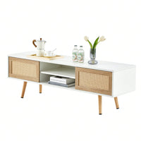 55.12" Rattan TV Cabinet With Sliding Doors And Adjustable Shelves