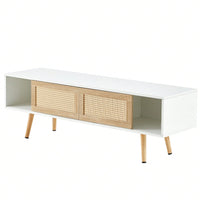 55.12" Rattan TV Cabinet With Sliding Doors And Adjustable Shelves