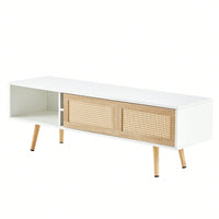 55.12" Rattan TV Cabinet With Sliding Doors And Adjustable Shelves