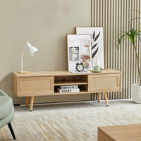 55.12" Rattan TV Cabinet With Sliding Doors And Adjustable Shelves
