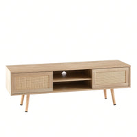 55.12" Rattan TV Cabinet With Sliding Doors And Adjustable Shelves