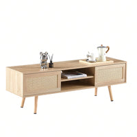 55.12" Rattan TV Cabinet With Sliding Doors And Adjustable Shelves