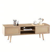 55.12" Rattan TV Cabinet With Sliding Doors And Adjustable Shelves