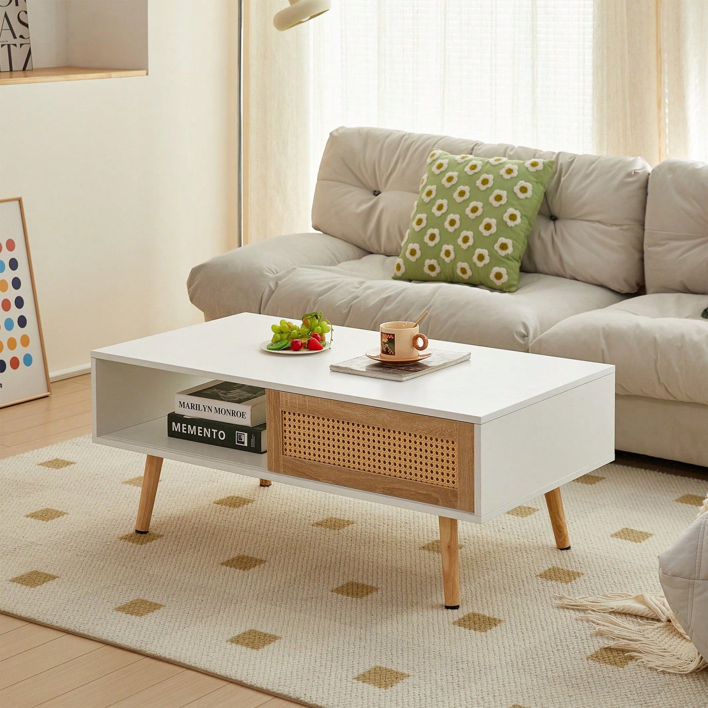 41.34" Rattan Coffee Table With Sliding Door, Solid Wood Legs, Modern Design For Living Room - White