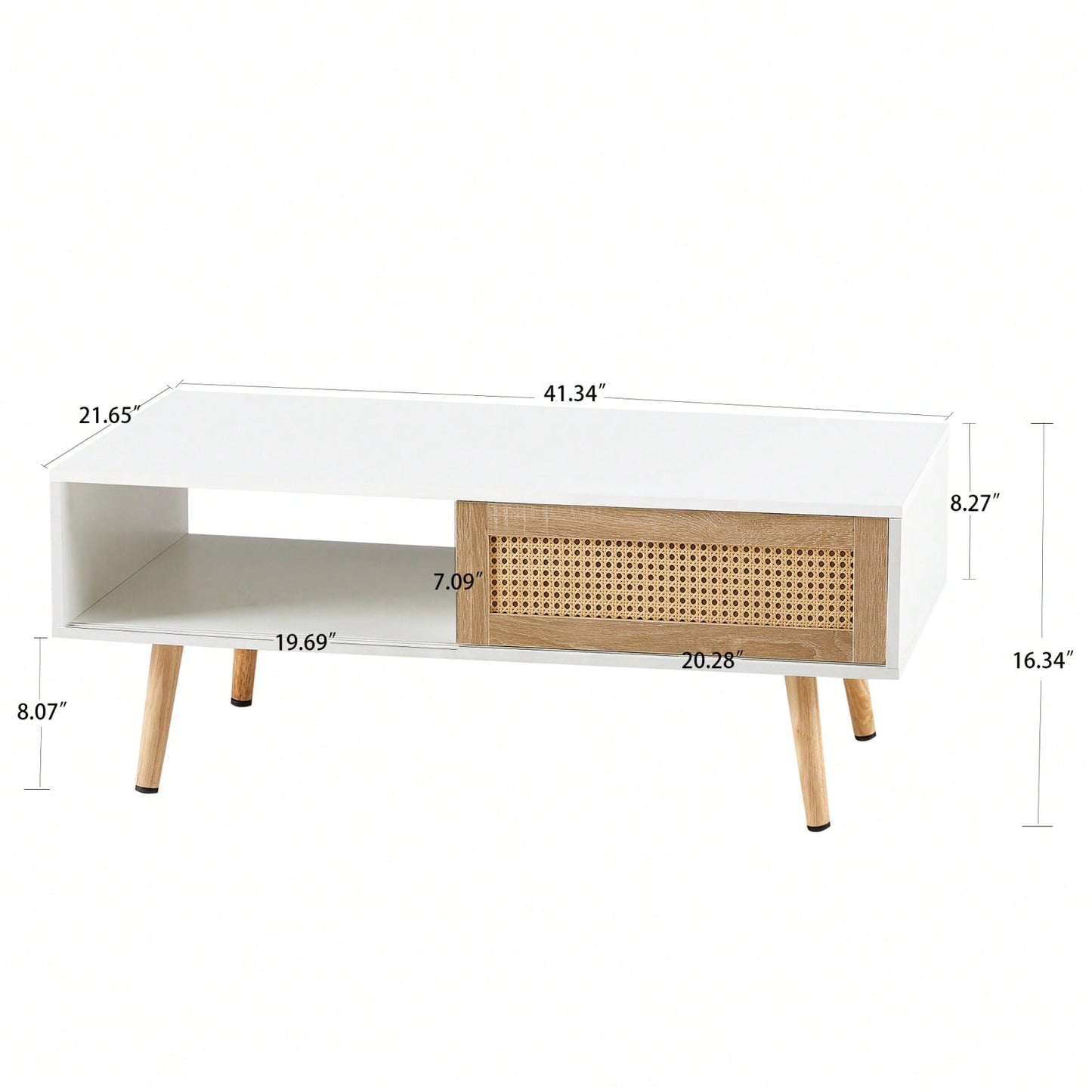 41.34" Rattan Coffee Table With Sliding Door, Solid Wood Legs, Modern Design For Living Room - White
