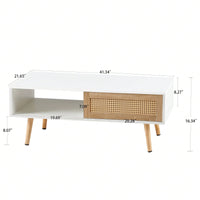 41.34" Rattan Coffee Table With Sliding Door, Solid Wood Legs, Modern Design For Living Room - White