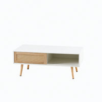 41.34" Rattan Coffee Table With Sliding Door, Solid Wood Legs, Modern Design For Living Room - White