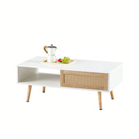 41.34" Rattan Coffee Table With Sliding Door, Solid Wood Legs, Modern Design For Living Room - White