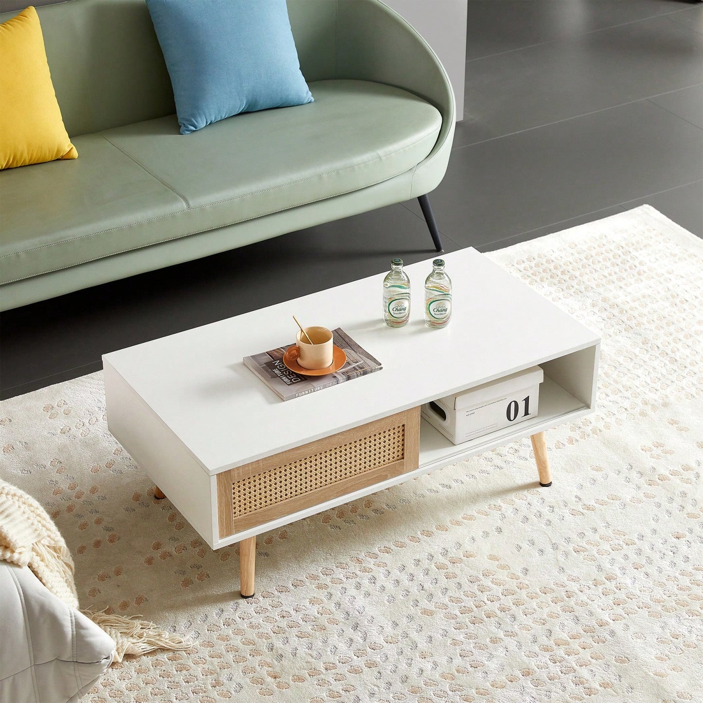 41.34" Rattan Coffee Table With Sliding Door, Solid Wood Legs, Modern Design For Living Room - White