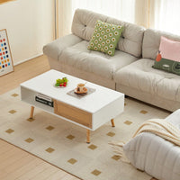 41.34" Rattan Coffee Table With Sliding Door, Solid Wood Legs, Modern Design For Living Room - White