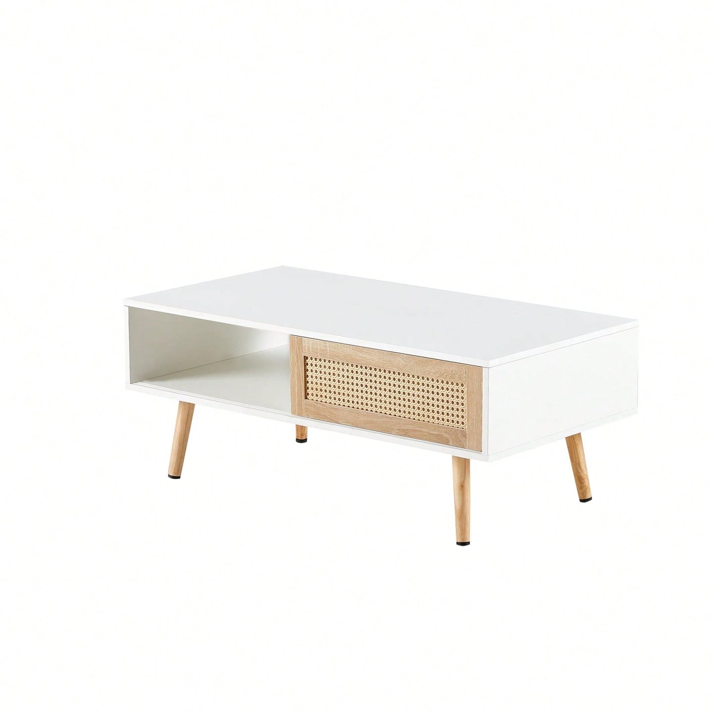 41.34" Rattan Coffee Table With Sliding Door, Solid Wood Legs, Modern Design For Living Room - White
