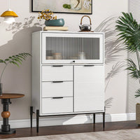 33.46" X 15.74" X 47.2" Wood Sideboard With 3 Drawers, 1 Door, 1 Glass Door, Soft-Close Hinges, Adjustable Shelves